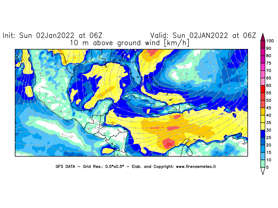 Mappa di analisi GFS - Velocità del vento a 10 metri dal suolo [km/h] in Centro-America
							del 02/01/2022 06 <!--googleoff: index-->UTC<!--googleon: index-->