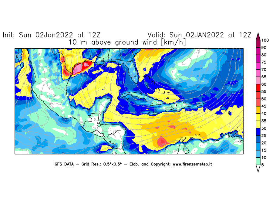 Mappa di analisi GFS - Velocità del vento a 10 metri dal suolo [km/h] in Centro-America
							del 02/01/2022 12 <!--googleoff: index-->UTC<!--googleon: index-->
