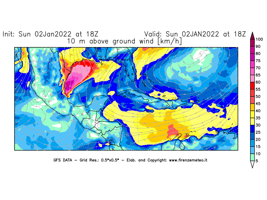 Mappa di analisi GFS - Velocità del vento a 10 metri dal suolo [km/h] in Centro-America
							del 02/01/2022 18 <!--googleoff: index-->UTC<!--googleon: index-->