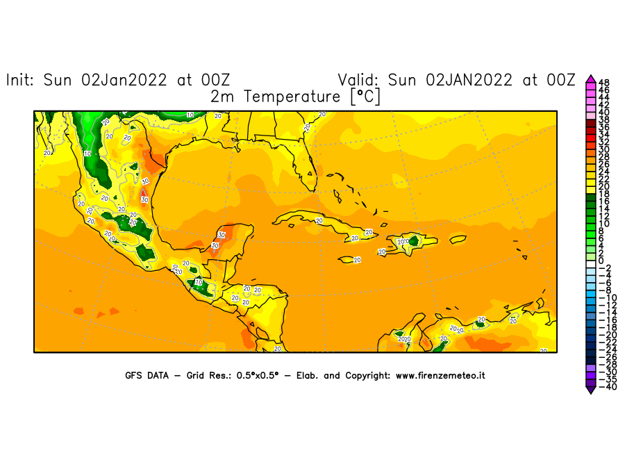 Mappa di analisi GFS - Temperatura a 2 metri dal suolo [°C] in Centro-America
							del 02/01/2022 00 <!--googleoff: index-->UTC<!--googleon: index-->