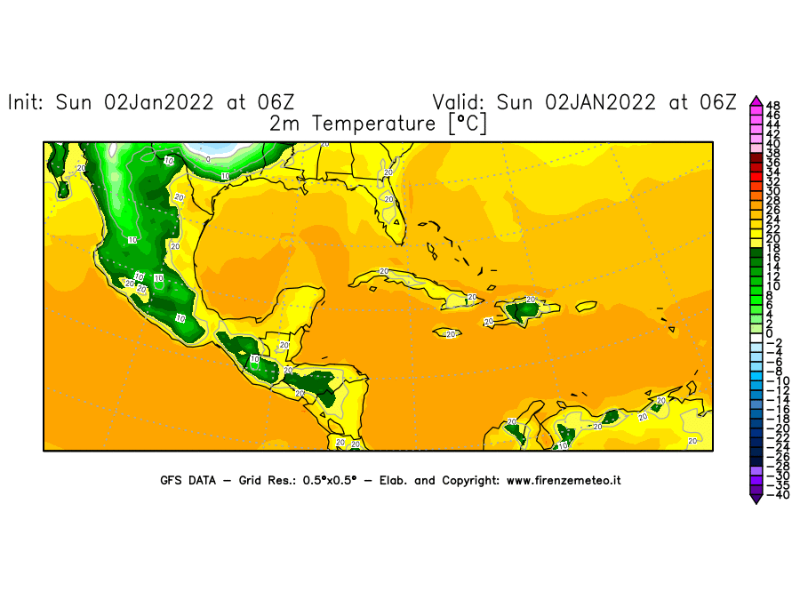 Mappa di analisi GFS - Temperatura a 2 metri dal suolo [°C] in Centro-America
							del 02/01/2022 06 <!--googleoff: index-->UTC<!--googleon: index-->