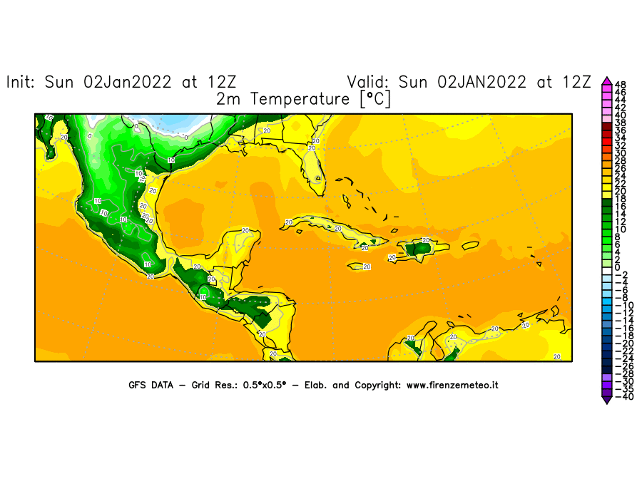 Mappa di analisi GFS - Temperatura a 2 metri dal suolo [°C] in Centro-America
							del 02/01/2022 12 <!--googleoff: index-->UTC<!--googleon: index-->