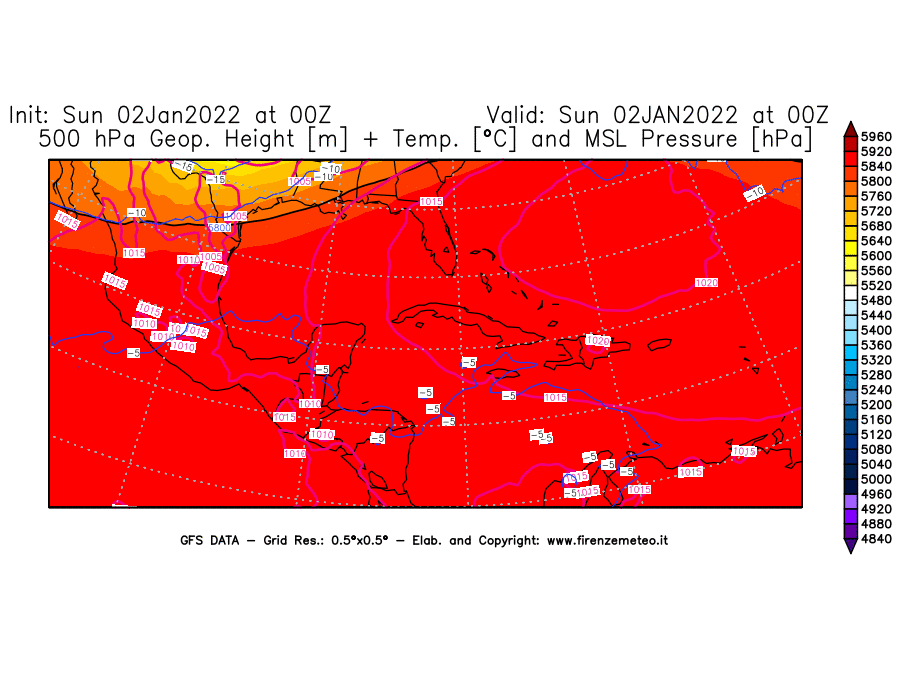 Mappa di analisi GFS - Geopotenziale [m] + Temp. [°C] a 500 hPa + Press. a livello del mare [hPa] in Centro-America
							del 02/01/2022 00 <!--googleoff: index-->UTC<!--googleon: index-->