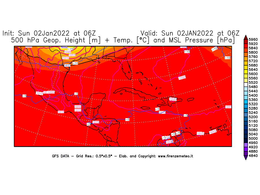 Mappa di analisi GFS - Geopotenziale [m] + Temp. [°C] a 500 hPa + Press. a livello del mare [hPa] in Centro-America
							del 02/01/2022 06 <!--googleoff: index-->UTC<!--googleon: index-->