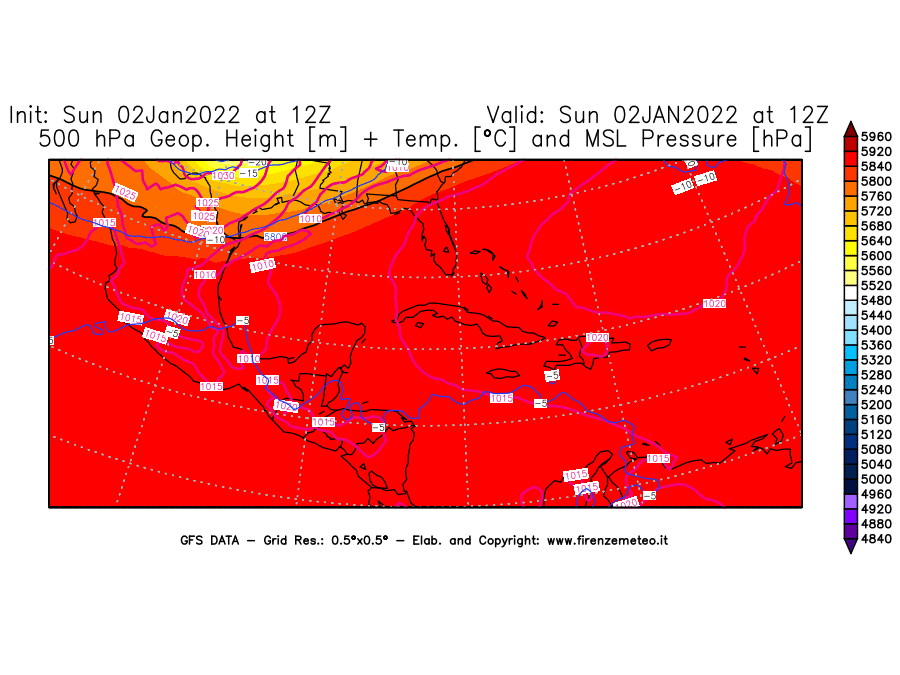 Mappa di analisi GFS - Geopotenziale [m] + Temp. [°C] a 500 hPa + Press. a livello del mare [hPa] in Centro-America
							del 02/01/2022 12 <!--googleoff: index-->UTC<!--googleon: index-->