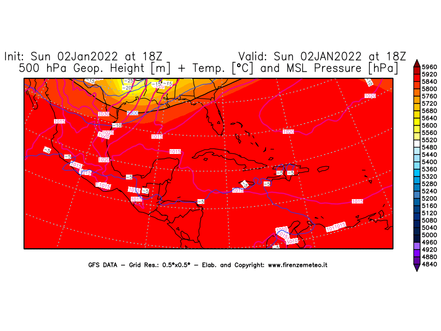 Mappa di analisi GFS - Geopotenziale [m] + Temp. [°C] a 500 hPa + Press. a livello del mare [hPa] in Centro-America
							del 02/01/2022 18 <!--googleoff: index-->UTC<!--googleon: index-->