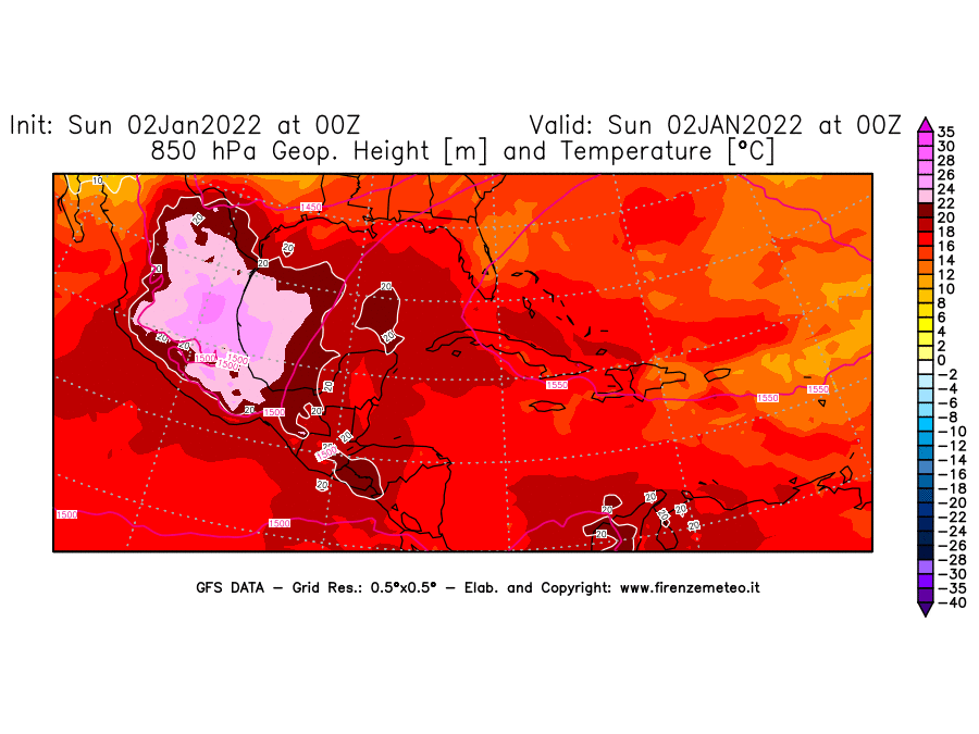 Mappa di analisi GFS - Geopotenziale [m] e Temperatura [°C] a 850 hPa in Centro-America
							del 02/01/2022 00 <!--googleoff: index-->UTC<!--googleon: index-->