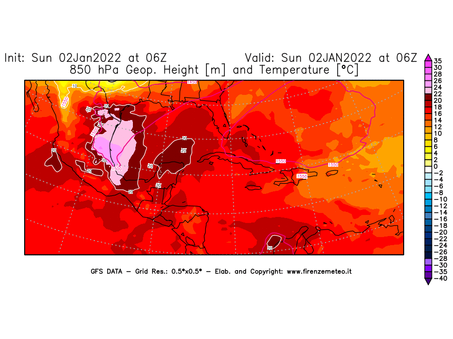 Mappa di analisi GFS - Geopotenziale [m] e Temperatura [°C] a 850 hPa in Centro-America
							del 02/01/2022 06 <!--googleoff: index-->UTC<!--googleon: index-->
