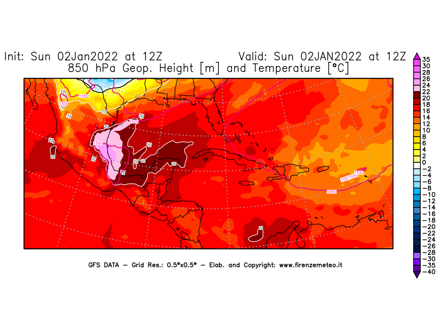 Mappa di analisi GFS - Geopotenziale [m] e Temperatura [°C] a 850 hPa in Centro-America
							del 02/01/2022 12 <!--googleoff: index-->UTC<!--googleon: index-->