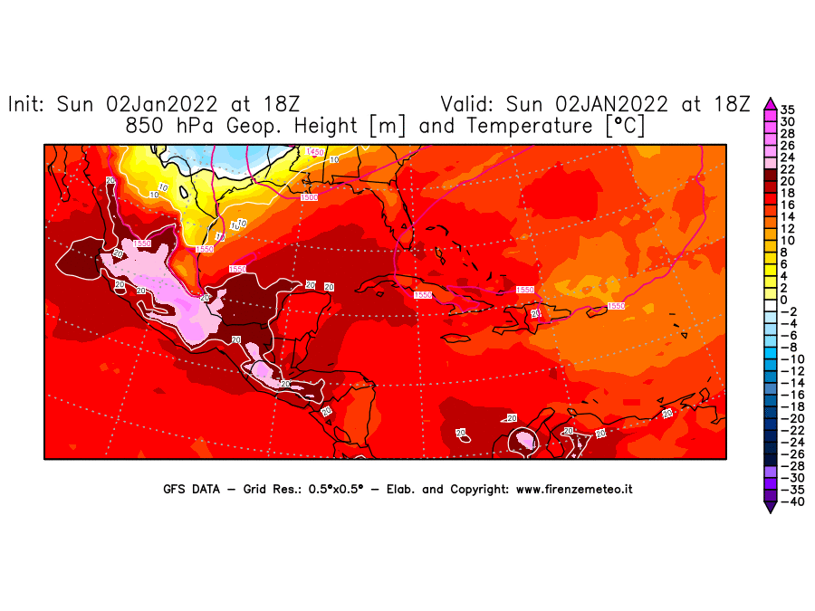Mappa di analisi GFS - Geopotenziale [m] e Temperatura [°C] a 850 hPa in Centro-America
							del 02/01/2022 18 <!--googleoff: index-->UTC<!--googleon: index-->