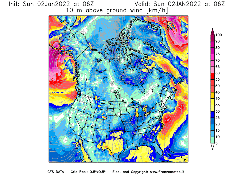 Mappa di analisi GFS - Velocità del vento a 10 metri dal suolo [km/h] in Nord-America
							del 02/01/2022 06 <!--googleoff: index-->UTC<!--googleon: index-->