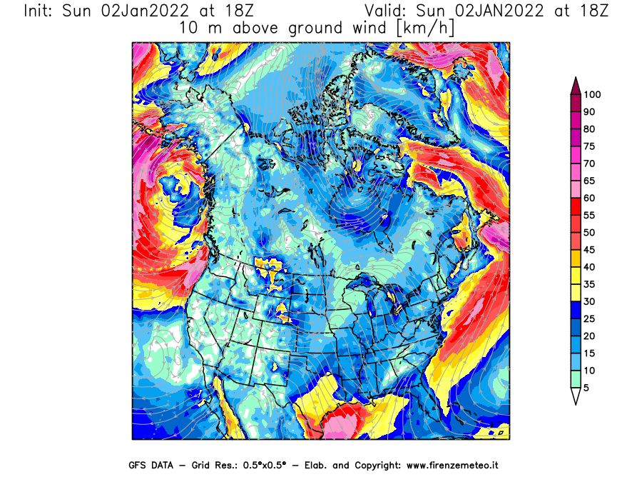Mappa di analisi GFS - Velocità del vento a 10 metri dal suolo [km/h] in Nord-America
							del 02/01/2022 18 <!--googleoff: index-->UTC<!--googleon: index-->