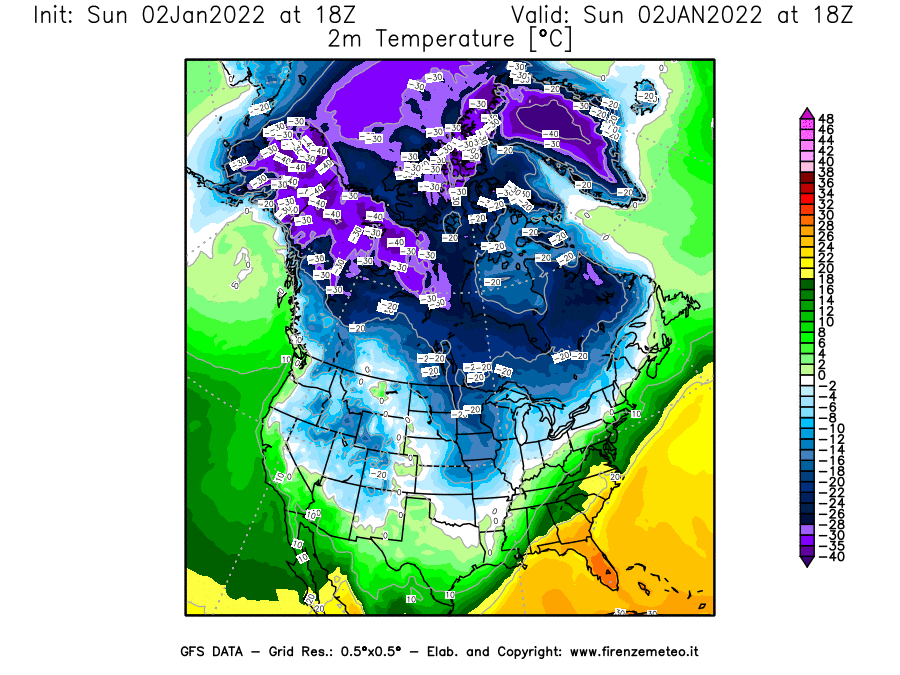 Mappa di analisi GFS - Temperatura a 2 metri dal suolo [°C] in Nord-America
							del 02/01/2022 18 <!--googleoff: index-->UTC<!--googleon: index-->