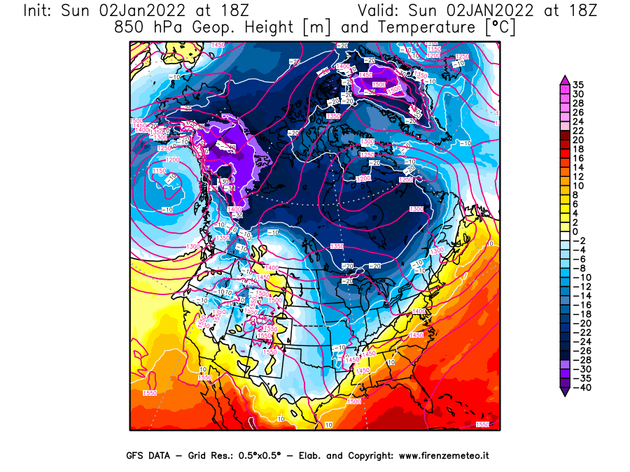 Mappa di analisi GFS - Geopotenziale [m] e Temperatura [°C] a 850 hPa in Nord-America
							del 02/01/2022 18 <!--googleoff: index-->UTC<!--googleon: index-->