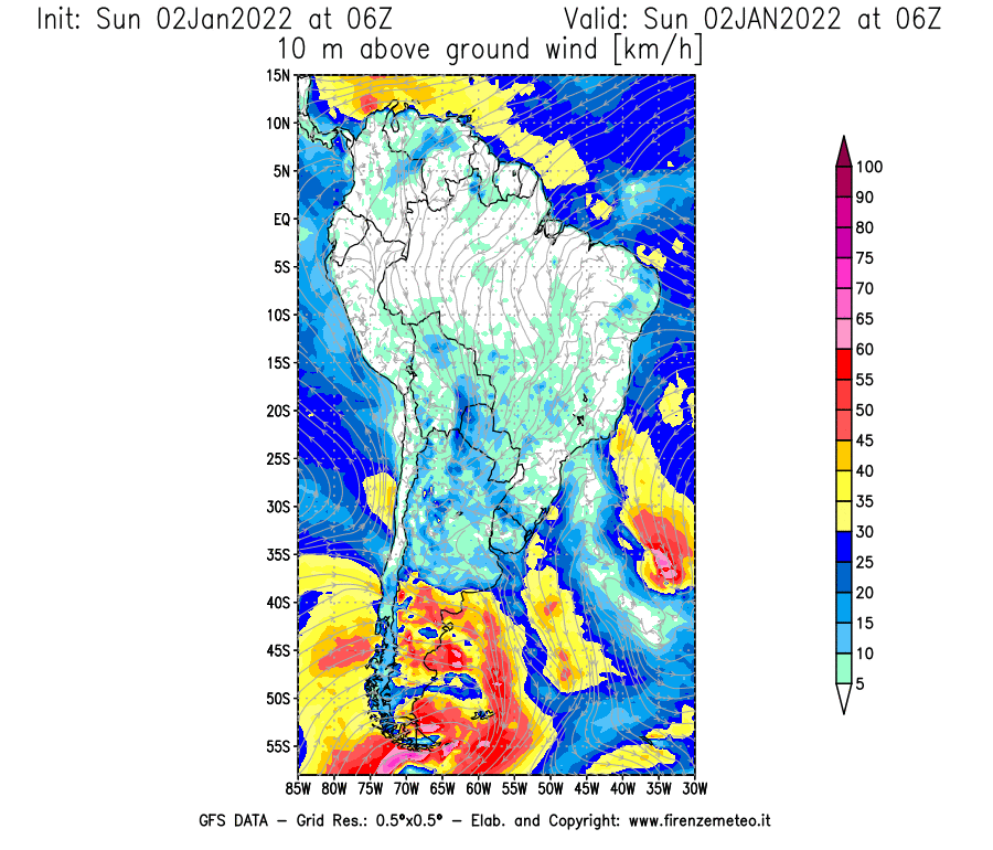 Mappa di analisi GFS - Velocità del vento a 10 metri dal suolo [km/h] in Sud-America
							del 02/01/2022 06 <!--googleoff: index-->UTC<!--googleon: index-->