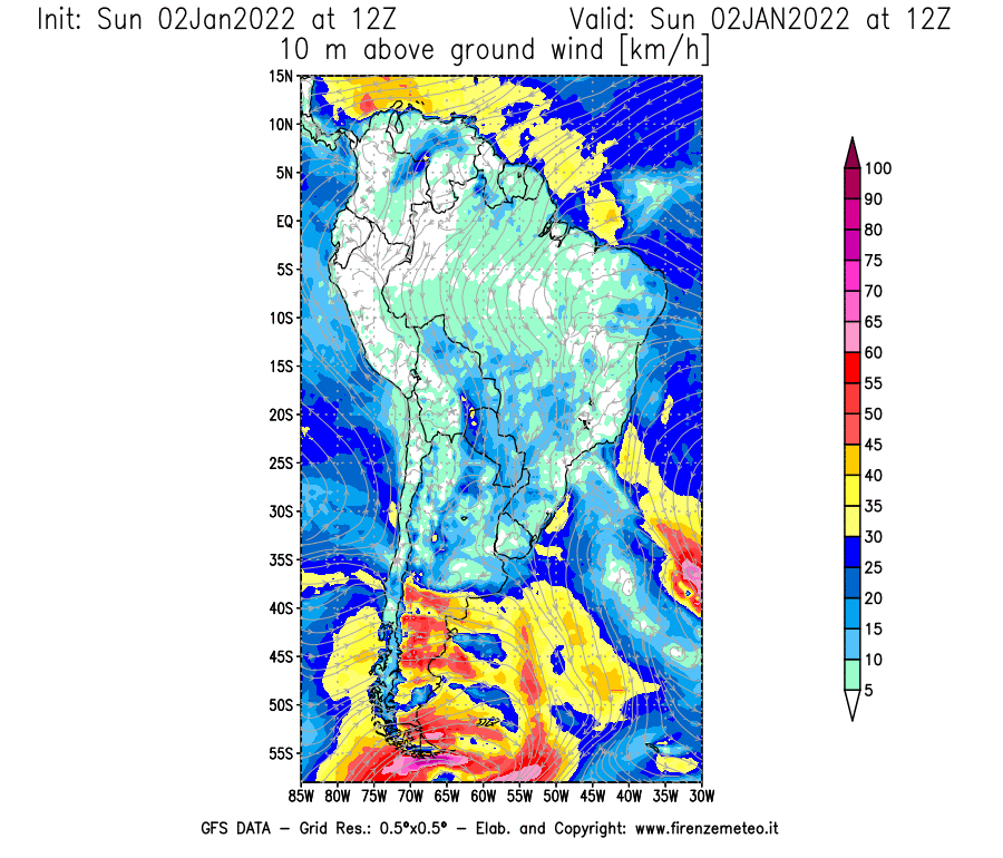 Mappa di analisi GFS - Velocità del vento a 10 metri dal suolo [km/h] in Sud-America
							del 02/01/2022 12 <!--googleoff: index-->UTC<!--googleon: index-->