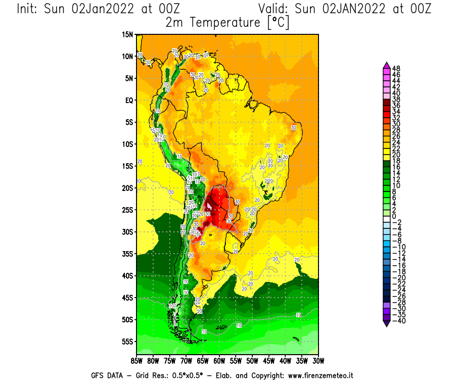 Mappa di analisi GFS - Temperatura a 2 metri dal suolo [°C] in Sud-America
							del 02/01/2022 00 <!--googleoff: index-->UTC<!--googleon: index-->