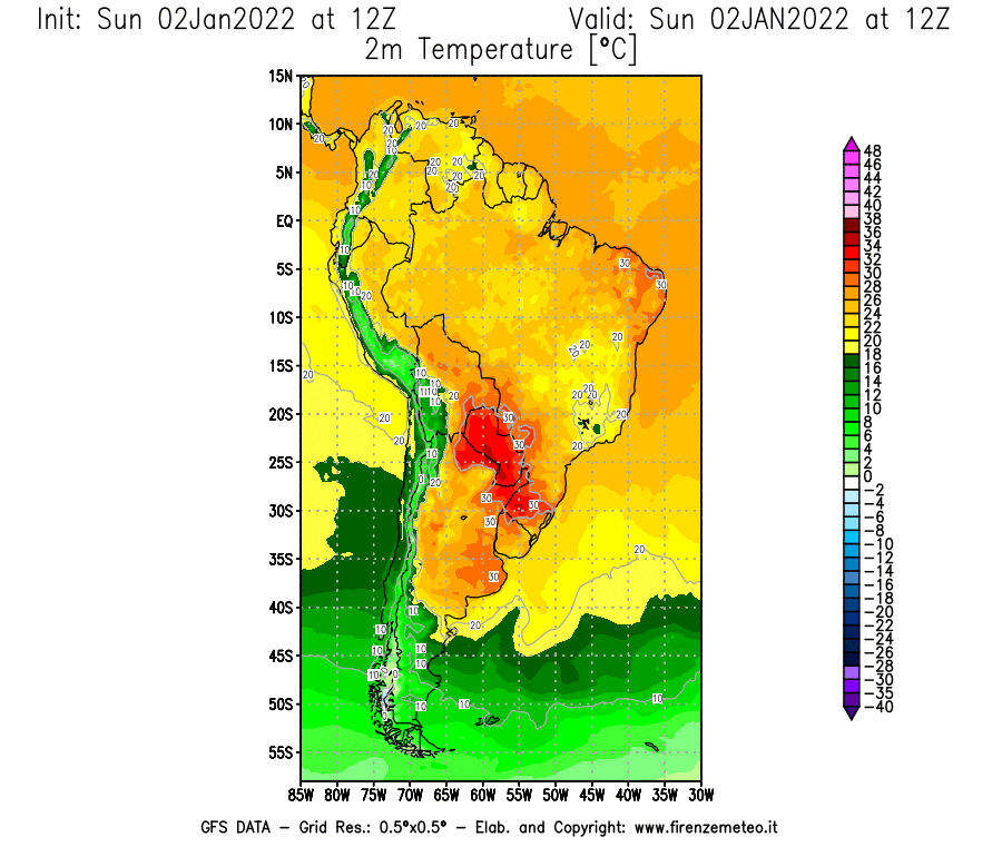 Mappa di analisi GFS - Temperatura a 2 metri dal suolo [°C] in Sud-America
							del 02/01/2022 12 <!--googleoff: index-->UTC<!--googleon: index-->