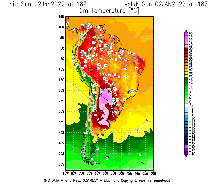 Mappa di analisi GFS - Temperatura a 2 metri dal suolo [°C] in Sud-America
							del 02/01/2022 18 <!--googleoff: index-->UTC<!--googleon: index-->