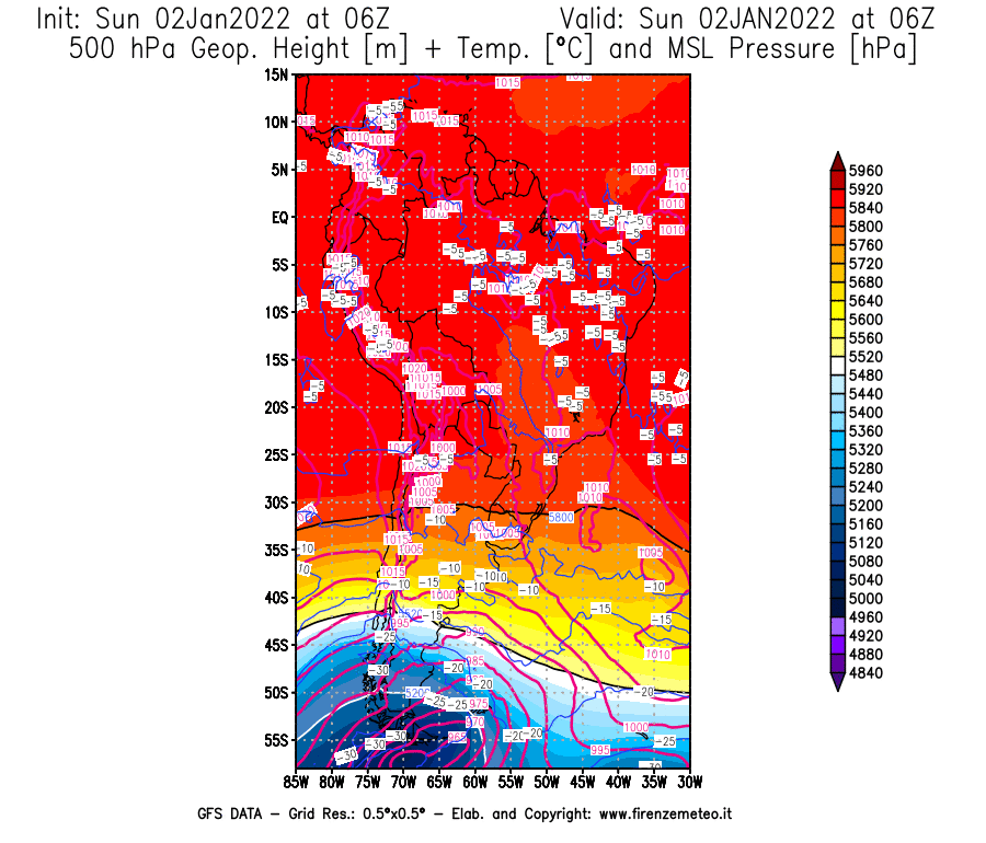 Mappa di analisi GFS - Geopotenziale [m] + Temp. [°C] a 500 hPa + Press. a livello del mare [hPa] in Sud-America
							del 02/01/2022 06 <!--googleoff: index-->UTC<!--googleon: index-->