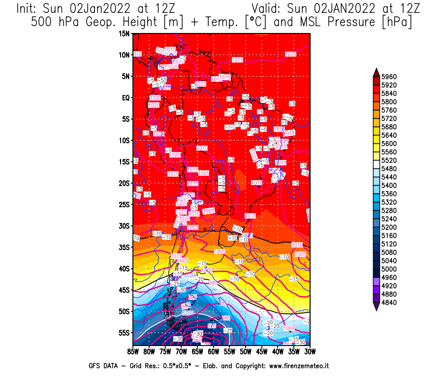 Mappa di analisi GFS - Geopotenziale [m] + Temp. [°C] a 500 hPa + Press. a livello del mare [hPa] in Sud-America
							del 02/01/2022 12 <!--googleoff: index-->UTC<!--googleon: index-->