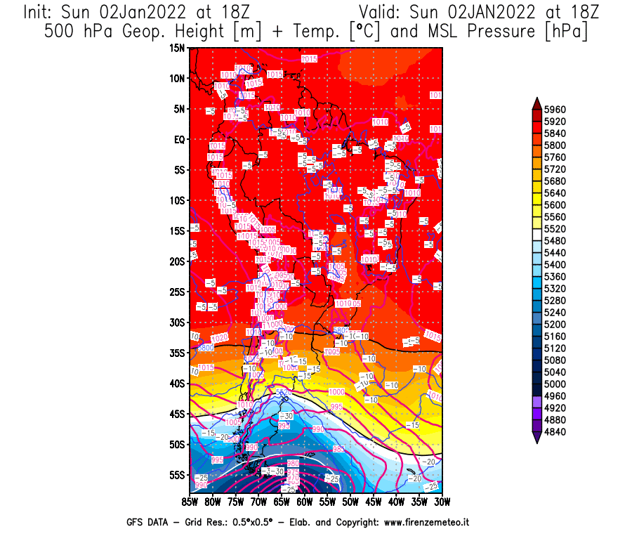 Mappa di analisi GFS - Geopotenziale [m] + Temp. [°C] a 500 hPa + Press. a livello del mare [hPa] in Sud-America
							del 02/01/2022 18 <!--googleoff: index-->UTC<!--googleon: index-->