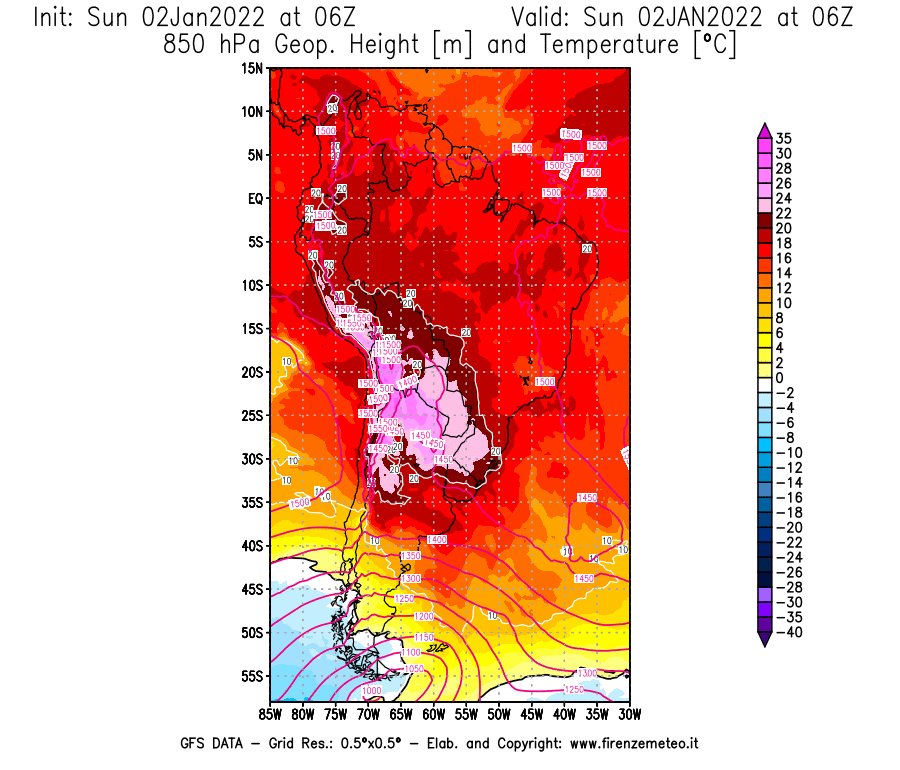 Mappa di analisi GFS - Geopotenziale [m] e Temperatura [°C] a 850 hPa in Sud-America
							del 02/01/2022 06 <!--googleoff: index-->UTC<!--googleon: index-->