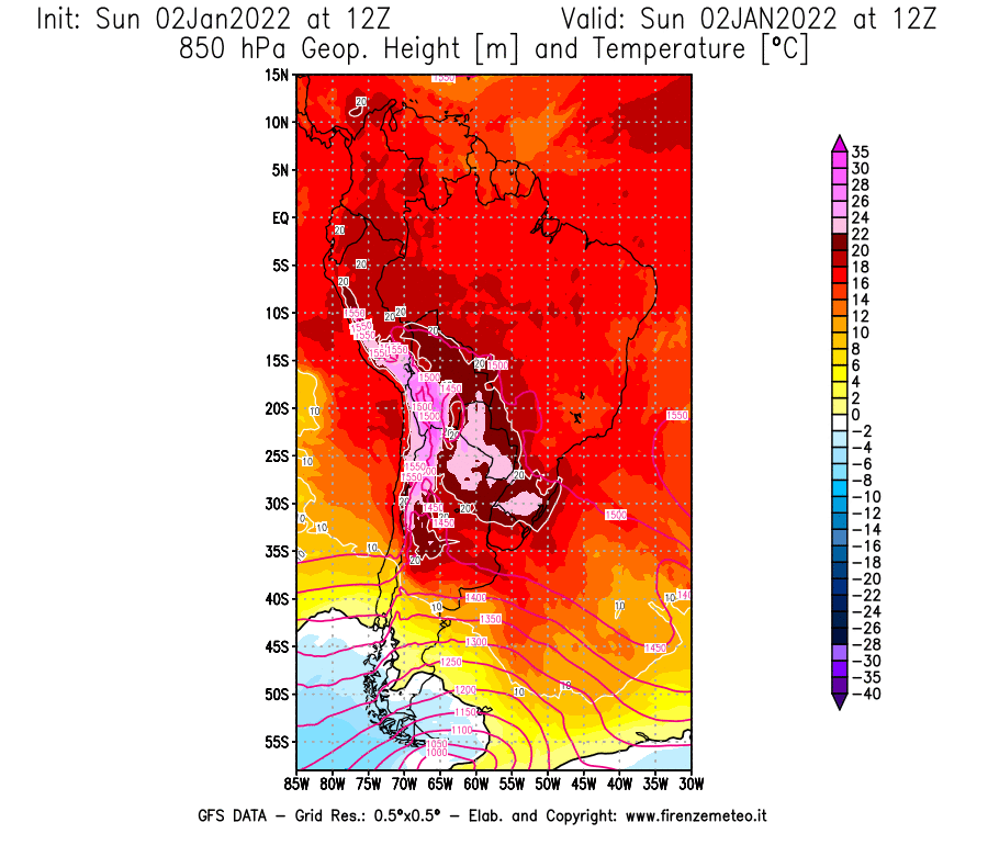 Mappa di analisi GFS - Geopotenziale [m] e Temperatura [°C] a 850 hPa in Sud-America
							del 02/01/2022 12 <!--googleoff: index-->UTC<!--googleon: index-->
