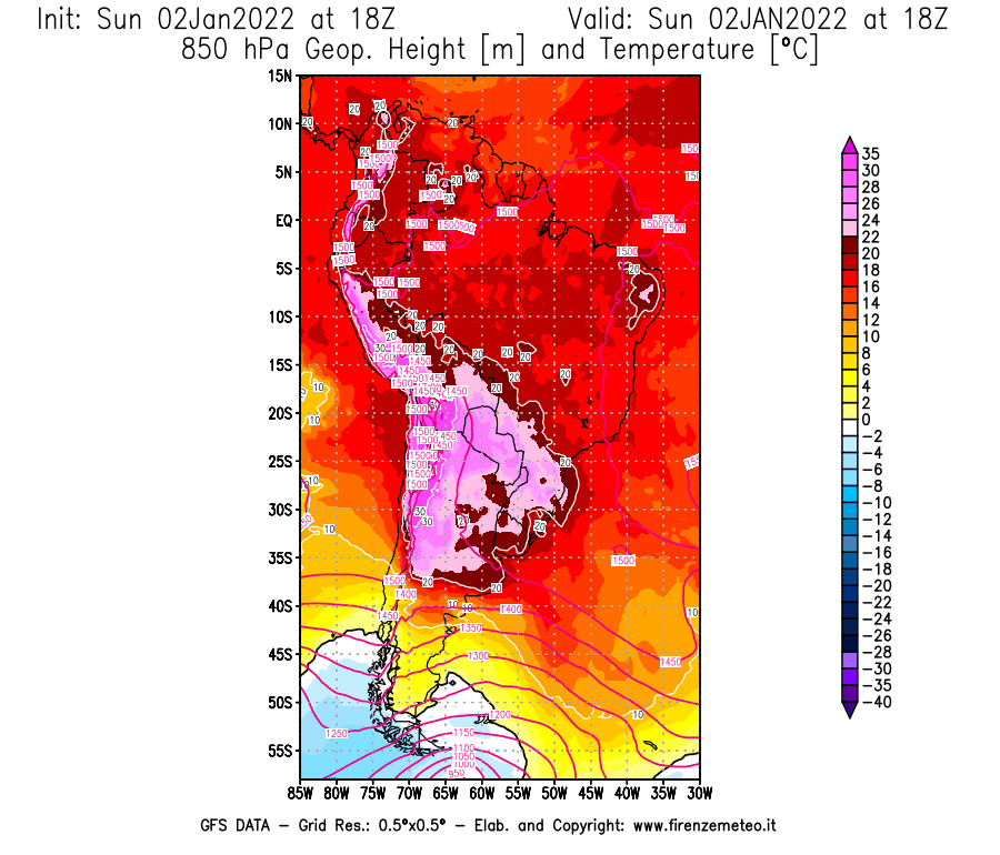 Mappa di analisi GFS - Geopotenziale [m] e Temperatura [°C] a 850 hPa in Sud-America
							del 02/01/2022 18 <!--googleoff: index-->UTC<!--googleon: index-->