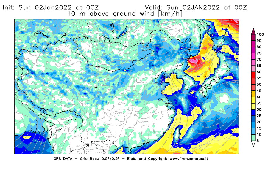 Mappa di analisi GFS - Velocità del vento a 10 metri dal suolo [km/h] in Asia Orientale
							del 02/01/2022 00 <!--googleoff: index-->UTC<!--googleon: index-->