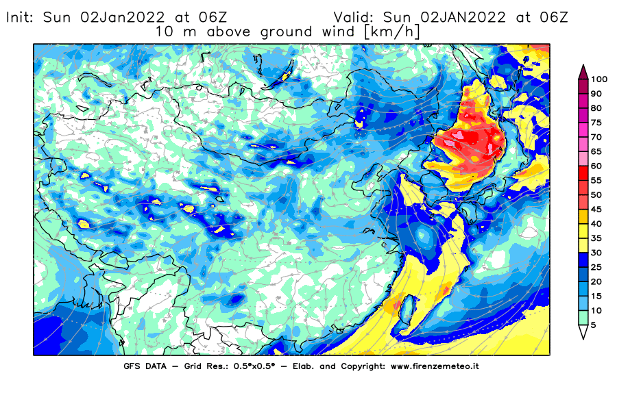Mappa di analisi GFS - Velocità del vento a 10 metri dal suolo [km/h] in Asia Orientale
							del 02/01/2022 06 <!--googleoff: index-->UTC<!--googleon: index-->