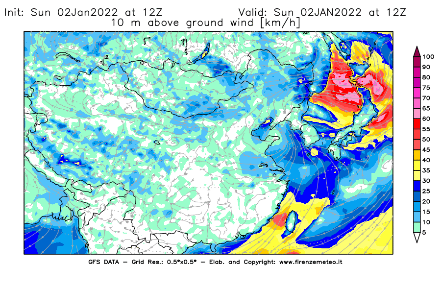 Mappa di analisi GFS - Velocità del vento a 10 metri dal suolo [km/h] in Asia Orientale
							del 02/01/2022 12 <!--googleoff: index-->UTC<!--googleon: index-->