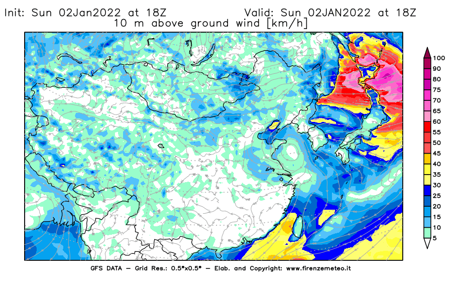 Mappa di analisi GFS - Velocità del vento a 10 metri dal suolo [km/h] in Asia Orientale
							del 02/01/2022 18 <!--googleoff: index-->UTC<!--googleon: index-->