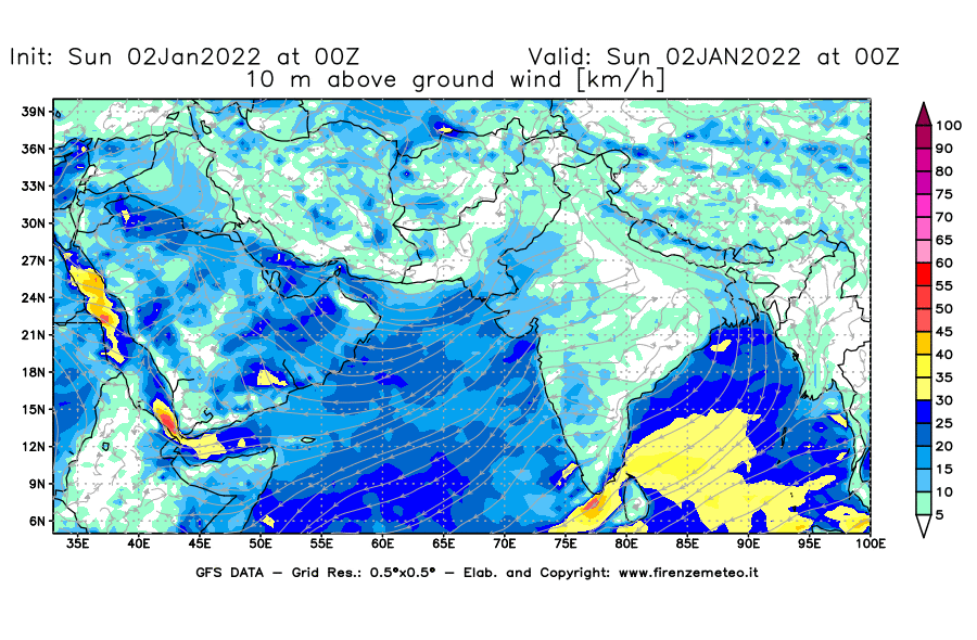 Mappa di analisi GFS - Velocità del vento a 10 metri dal suolo [km/h] in Asia Sud-Occidentale
							del 02/01/2022 00 <!--googleoff: index-->UTC<!--googleon: index-->