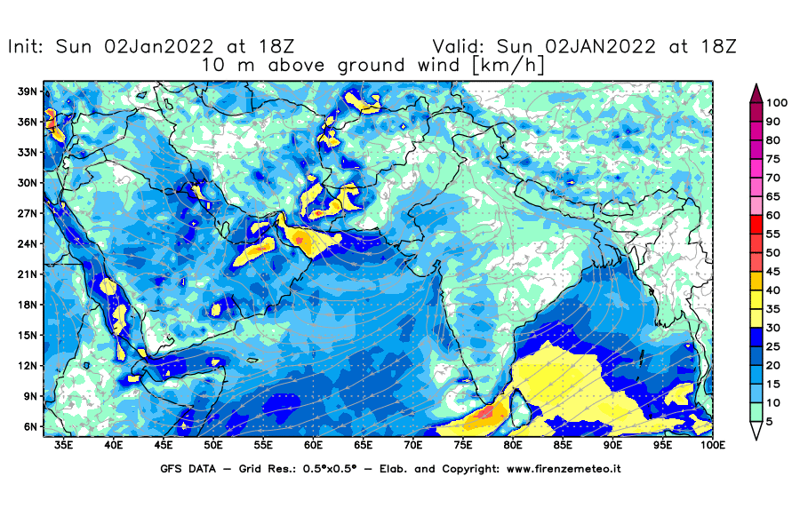 Mappa di analisi GFS - Velocità del vento a 10 metri dal suolo [km/h] in Asia Sud-Occidentale
							del 02/01/2022 18 <!--googleoff: index-->UTC<!--googleon: index-->