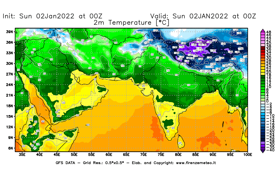Mappa di analisi GFS - Temperatura a 2 metri dal suolo [°C] in Asia Sud-Occidentale
							del 02/01/2022 00 <!--googleoff: index-->UTC<!--googleon: index-->