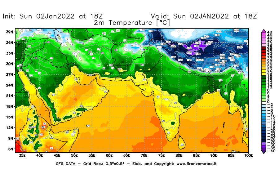 Mappa di analisi GFS - Temperatura a 2 metri dal suolo [°C] in Asia Sud-Occidentale
							del 02/01/2022 18 <!--googleoff: index-->UTC<!--googleon: index-->