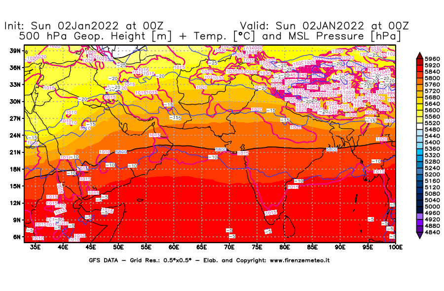 Mappa di analisi GFS - Geopotenziale [m] + Temp. [°C] a 500 hPa + Press. a livello del mare [hPa] in Asia Sud-Occidentale
							del 02/01/2022 00 <!--googleoff: index-->UTC<!--googleon: index-->