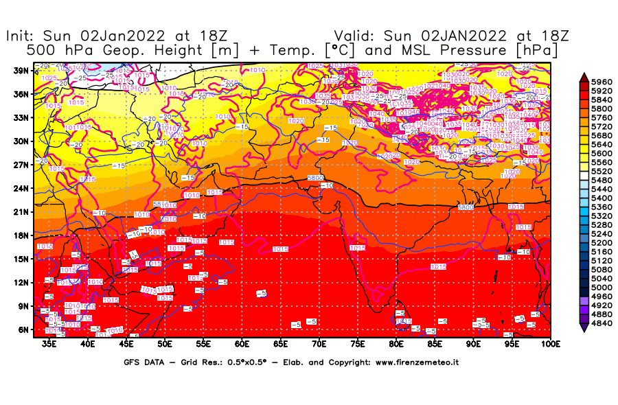 Mappa di analisi GFS - Geopotenziale [m] + Temp. [°C] a 500 hPa + Press. a livello del mare [hPa] in Asia Sud-Occidentale
							del 02/01/2022 18 <!--googleoff: index-->UTC<!--googleon: index-->