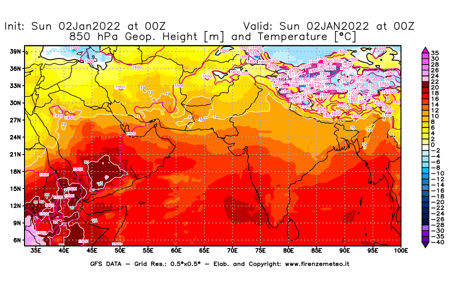 Mappa di analisi GFS - Geopotenziale [m] e Temperatura [°C] a 850 hPa in Asia Sud-Occidentale
							del 02/01/2022 00 <!--googleoff: index-->UTC<!--googleon: index-->