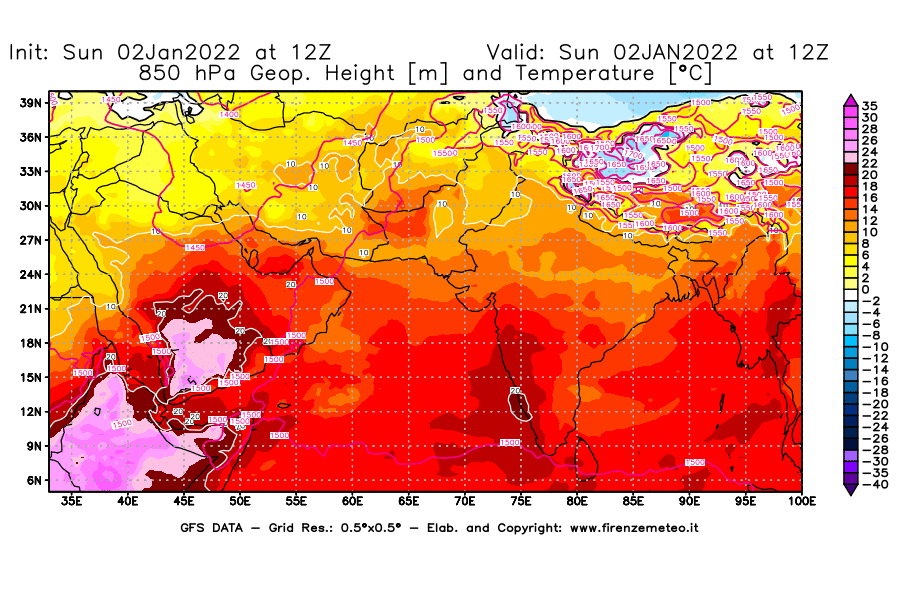 Mappa di analisi GFS - Geopotenziale [m] e Temperatura [°C] a 850 hPa in Asia Sud-Occidentale
							del 02/01/2022 12 <!--googleoff: index-->UTC<!--googleon: index-->