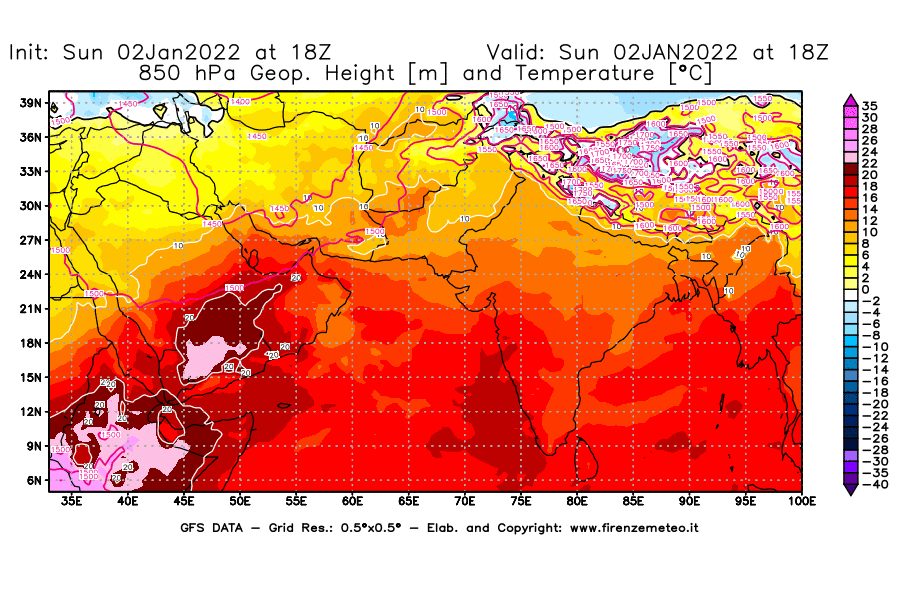 Mappa di analisi GFS - Geopotenziale [m] e Temperatura [°C] a 850 hPa in Asia Sud-Occidentale
							del 02/01/2022 18 <!--googleoff: index-->UTC<!--googleon: index-->