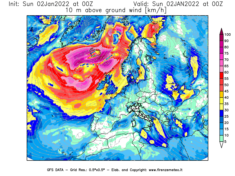 Mappa di analisi GFS - Velocità del vento a 10 metri dal suolo [km/h] in Europa
							del 02/01/2022 00 <!--googleoff: index-->UTC<!--googleon: index-->