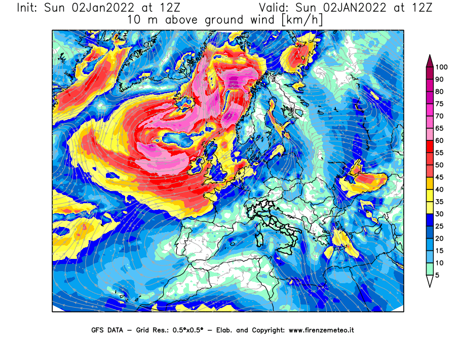 Mappa di analisi GFS - Velocità del vento a 10 metri dal suolo [km/h] in Europa
							del 02/01/2022 12 <!--googleoff: index-->UTC<!--googleon: index-->