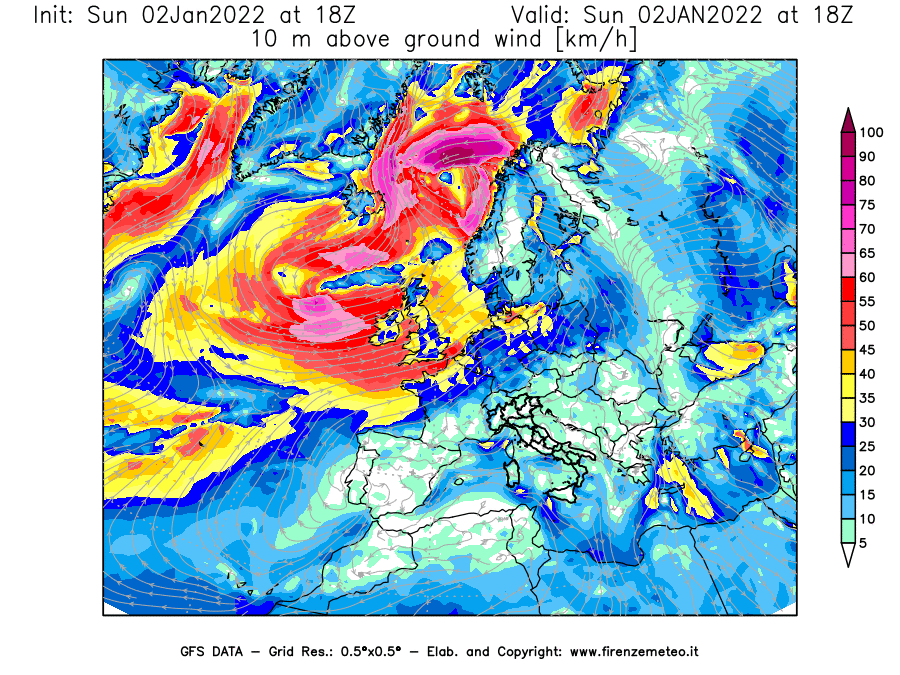 Mappa di analisi GFS - Velocità del vento a 10 metri dal suolo [km/h] in Europa
							del 02/01/2022 18 <!--googleoff: index-->UTC<!--googleon: index-->