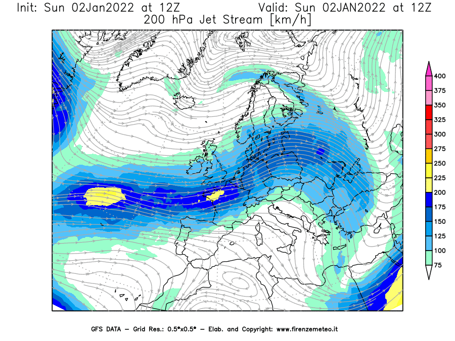 Mappa di analisi GFS - Jet Stream a 200 hPa in Europa
							del 02/01/2022 12 <!--googleoff: index-->UTC<!--googleon: index-->