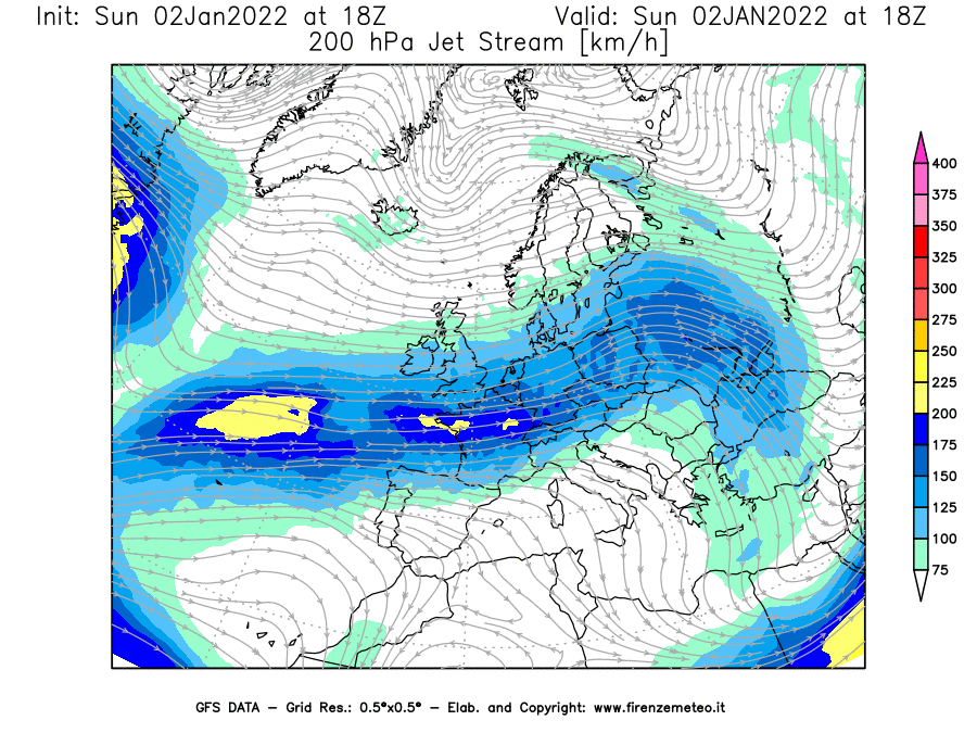 Mappa di analisi GFS - Jet Stream a 200 hPa in Europa
							del 02/01/2022 18 <!--googleoff: index-->UTC<!--googleon: index-->