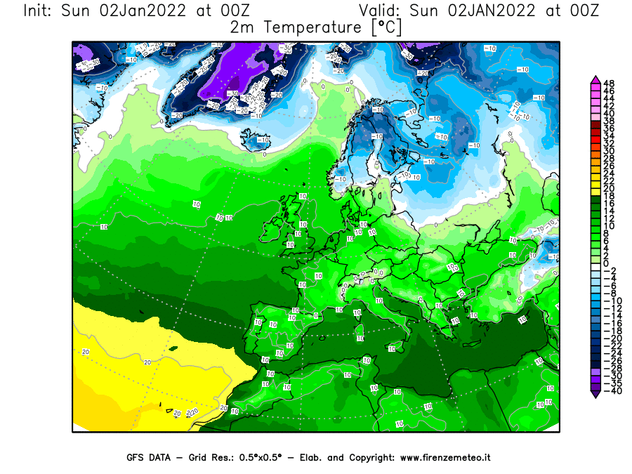 Mappa di analisi GFS - Temperatura a 2 metri dal suolo [°C] in Europa
							del 02/01/2022 00 <!--googleoff: index-->UTC<!--googleon: index-->