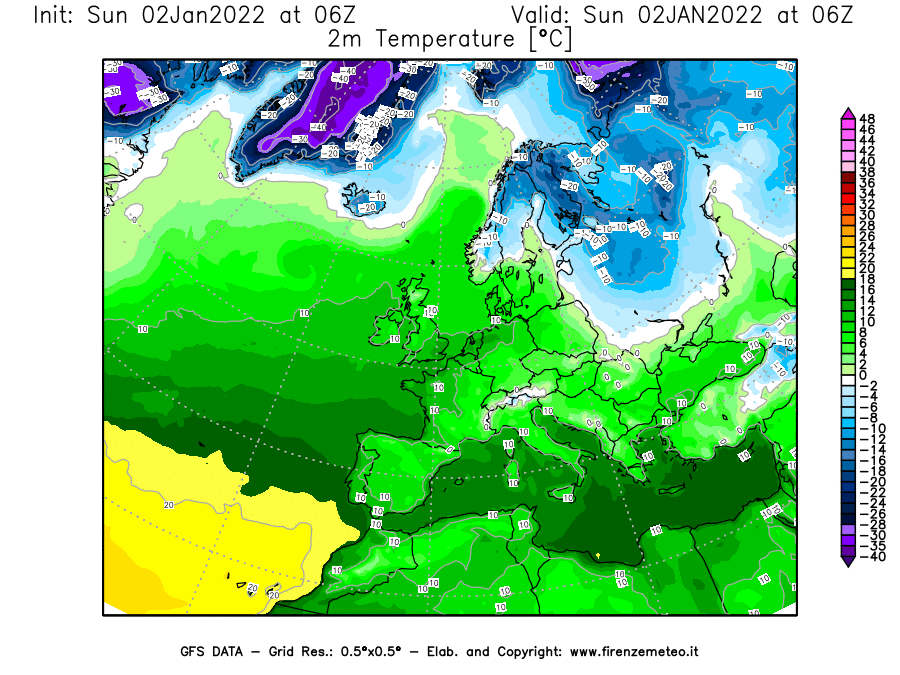 Mappa di analisi GFS - Temperatura a 2 metri dal suolo [°C] in Europa
							del 02/01/2022 06 <!--googleoff: index-->UTC<!--googleon: index-->