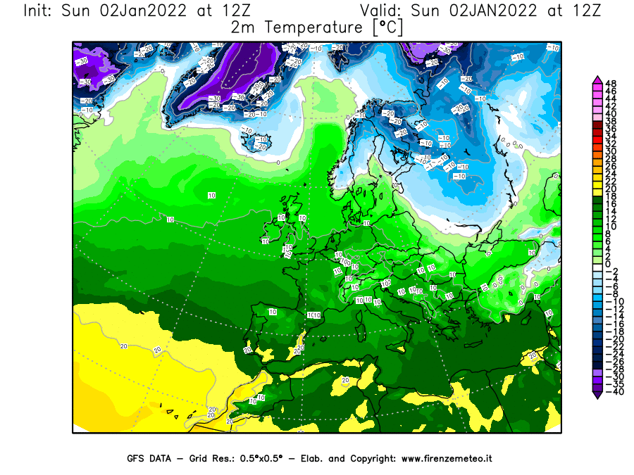 Mappa di analisi GFS - Temperatura a 2 metri dal suolo [°C] in Europa
							del 02/01/2022 12 <!--googleoff: index-->UTC<!--googleon: index-->